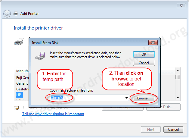 Printer Installation Manually 8 Click on browse to choose drivers