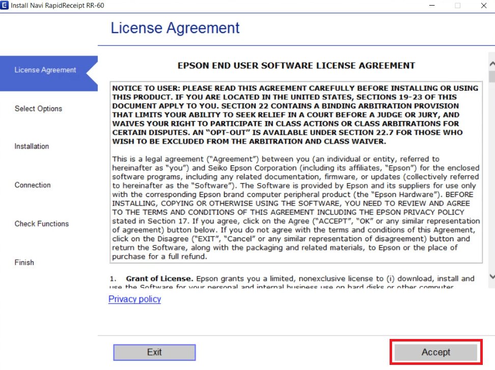 Accept the Epson RR-60 agreement