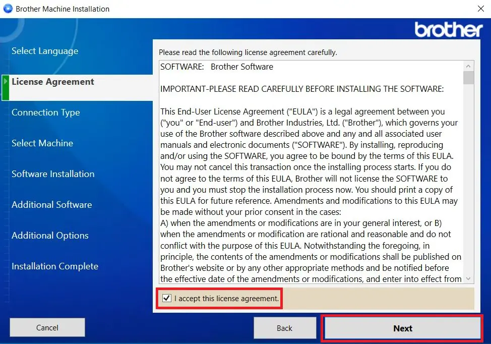 accept the license agreement of Brother 2357 setup