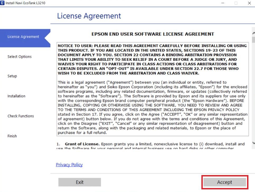 Epson L3218 driver license agreement