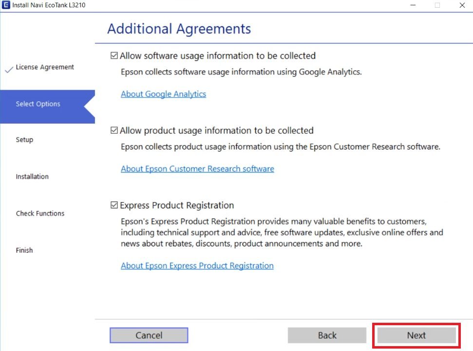 accept Epson L3218 installer agreements