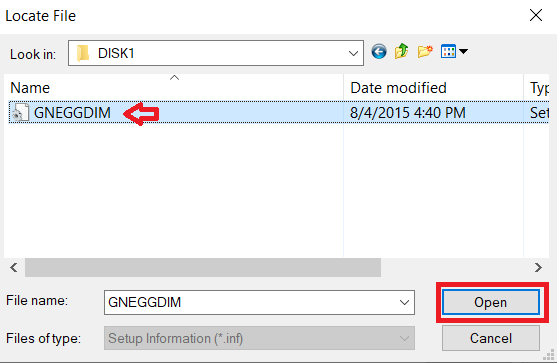 select the INF file of your driver