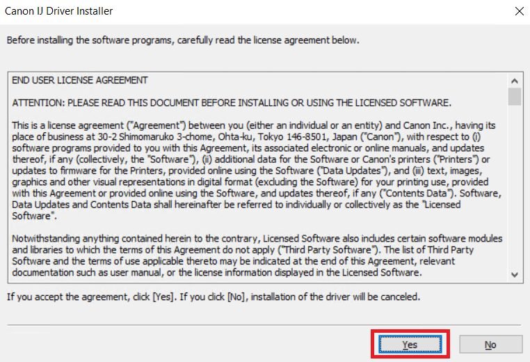 click yes accept license agreement