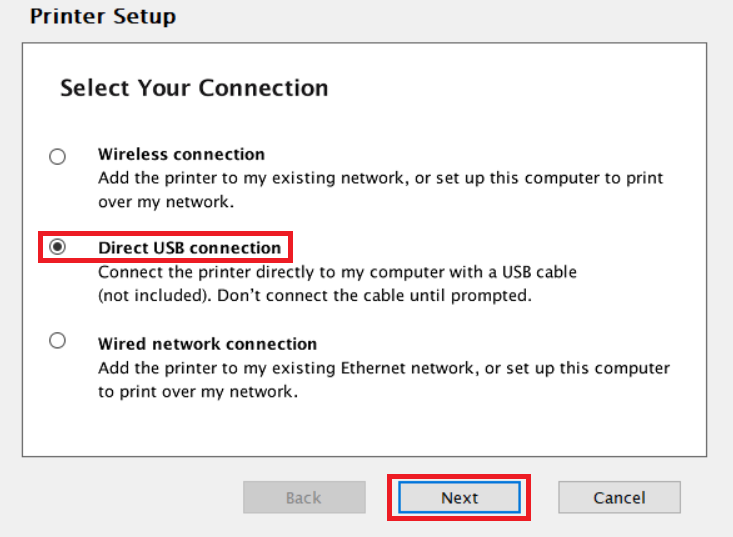 select USB connection