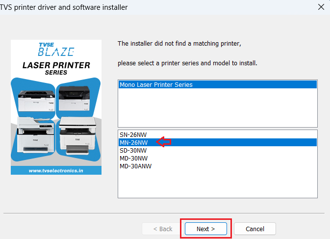select TVS MN-26NW printer model