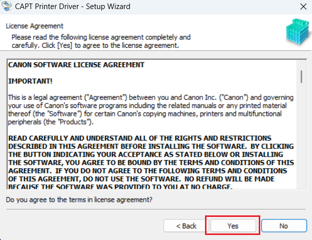 click yes to accept license agreement