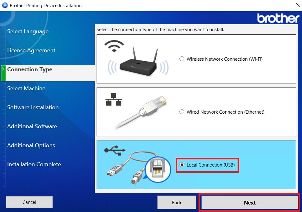 select local connection USB option