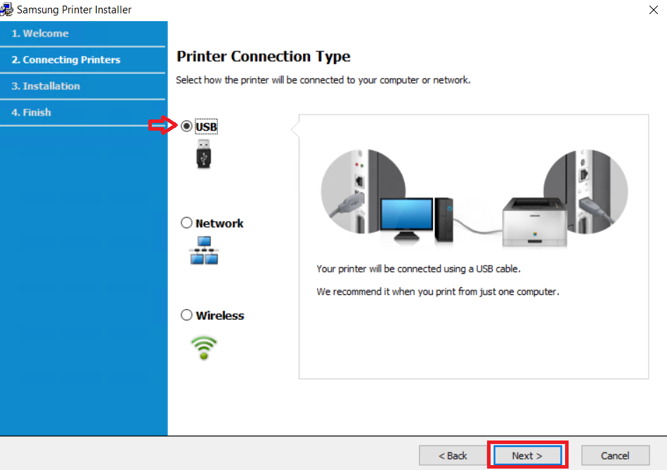 select USB connection option