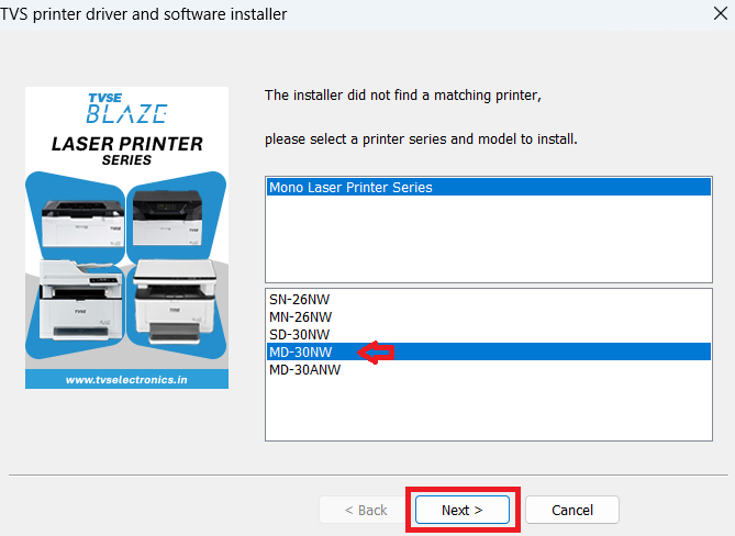select your printer model