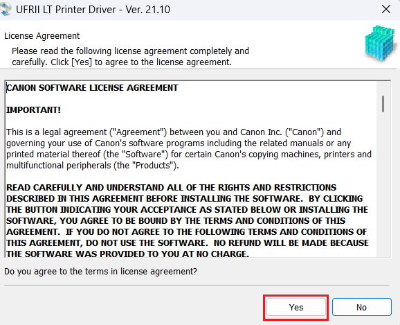 click Yes to accept the agreement