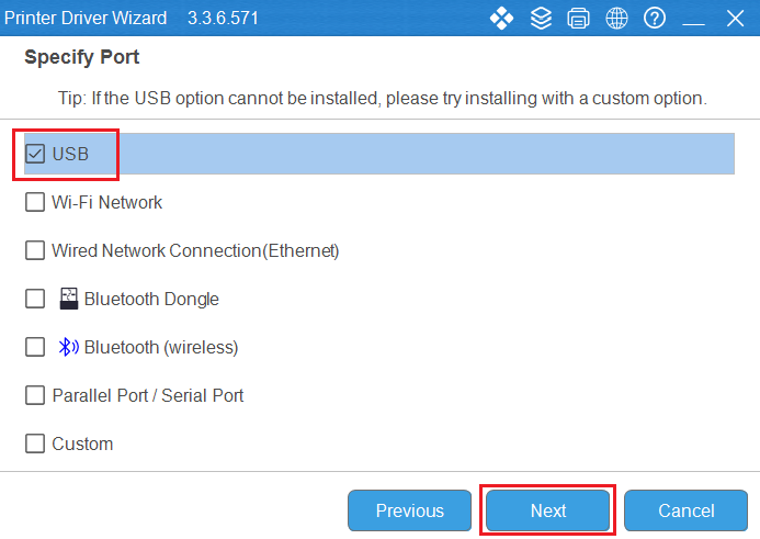 select USB connectivity option