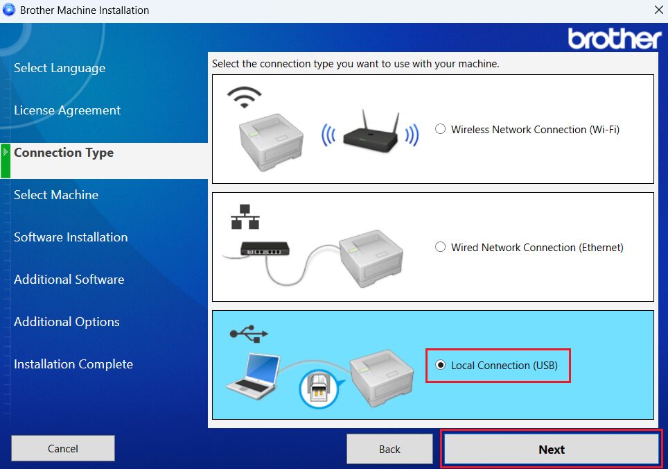 select local USB connection option