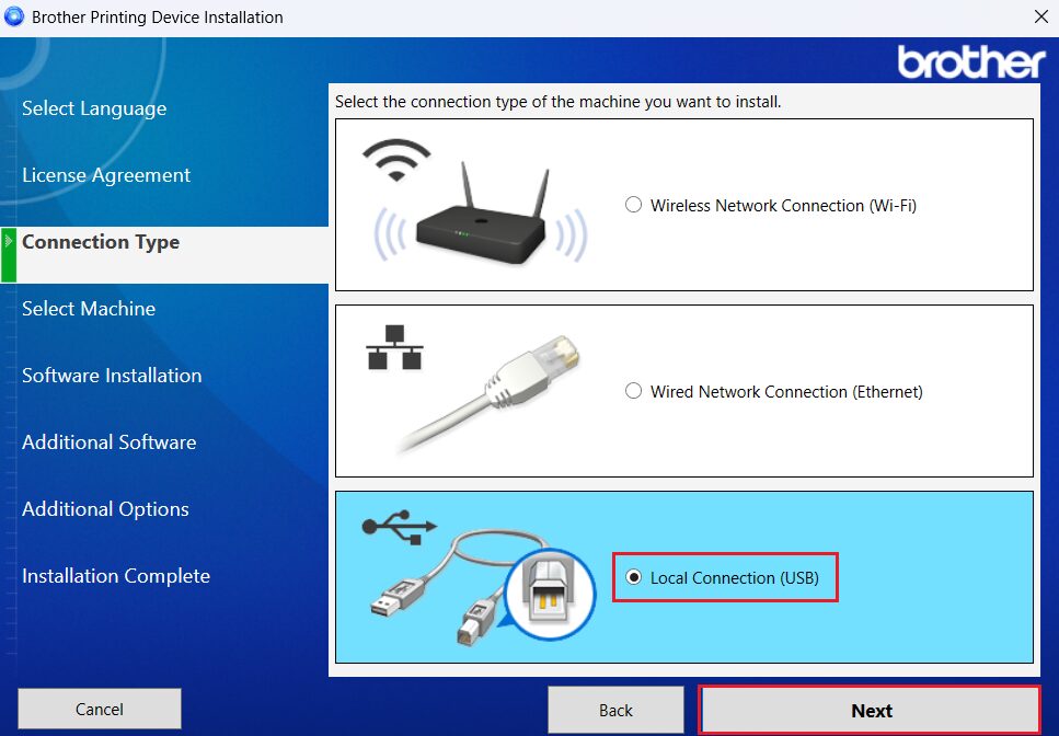 select Local Connection USB option