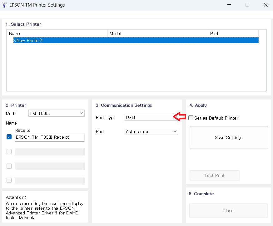 connect Epson TM-T83 T83II T83III printer