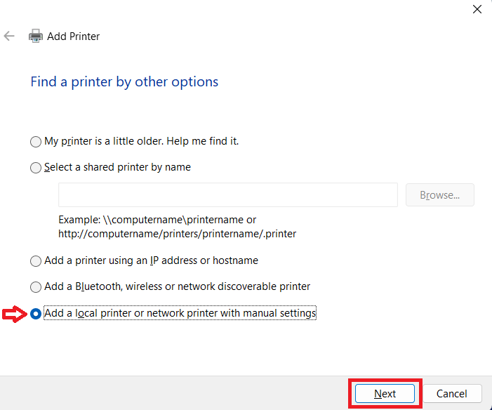 select add printer manually option
