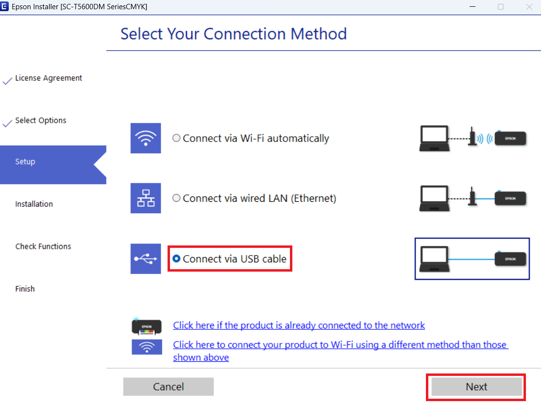 select USB connection option