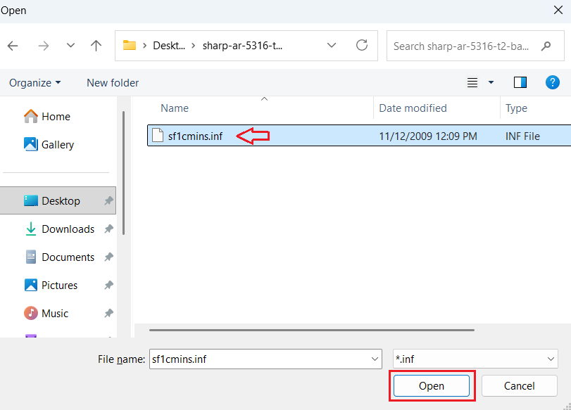 select sf1cmins.inf file then open