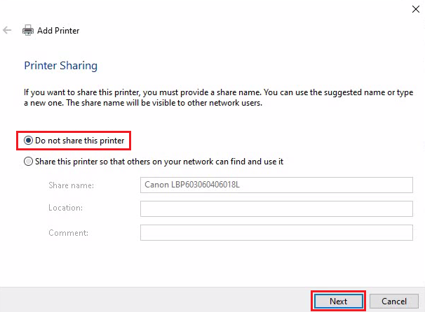 select Do not share this printer