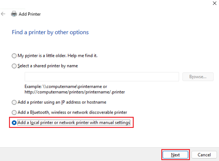 Add a local printer with manual settings