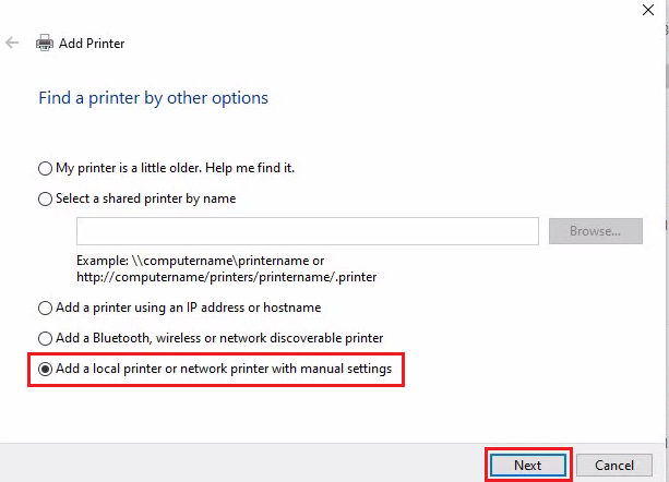 select Add a local printer option