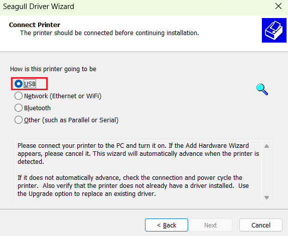select USB connection option