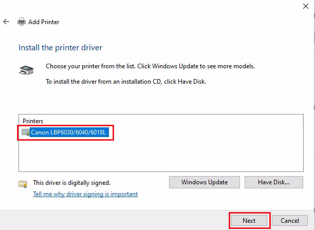 select Canon LBP6030/6040/6018L option
